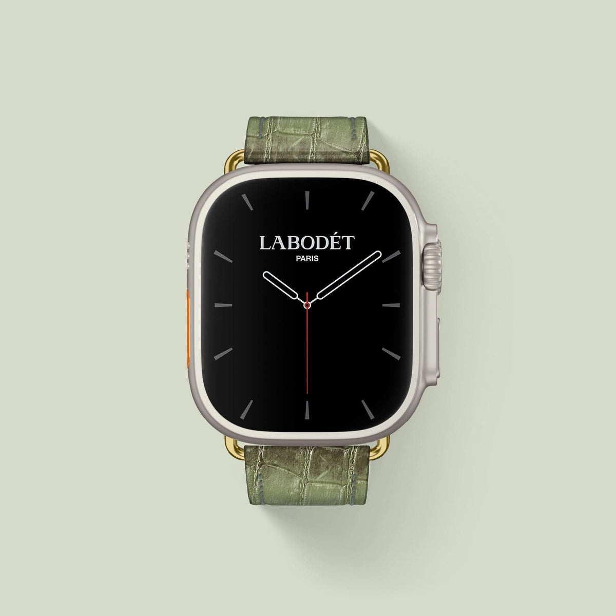 Classic Strap Celadon Green For Apple Watch Ultra 49mm In Himalayan Crocodile with Gold Metal -2 | Celadon-Green-Gold