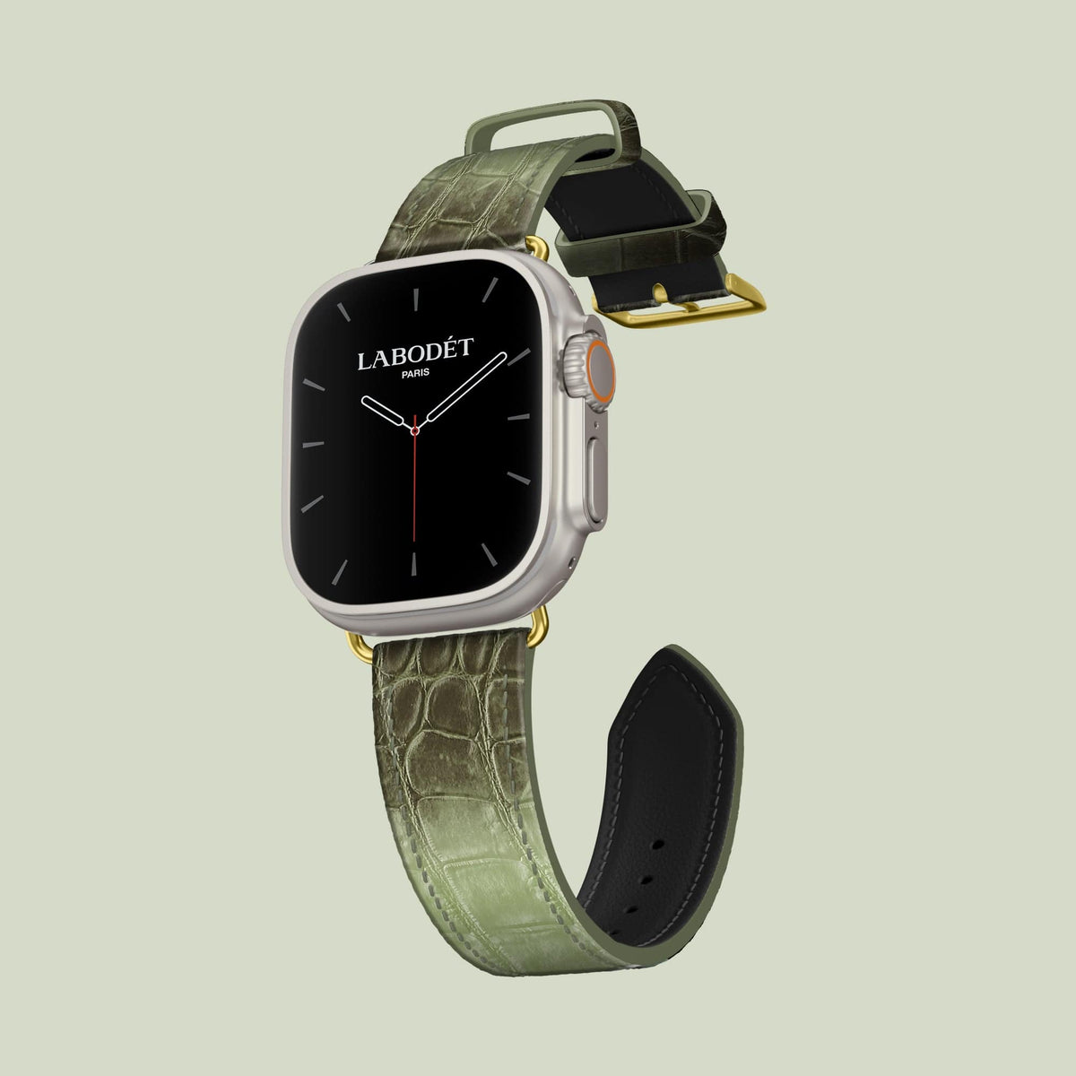 Classic Strap Celadon Green For Apple Watch Ultra 49mm In Himalayan Crocodile with Gold Metal -1 | Celadon-Green-Gold