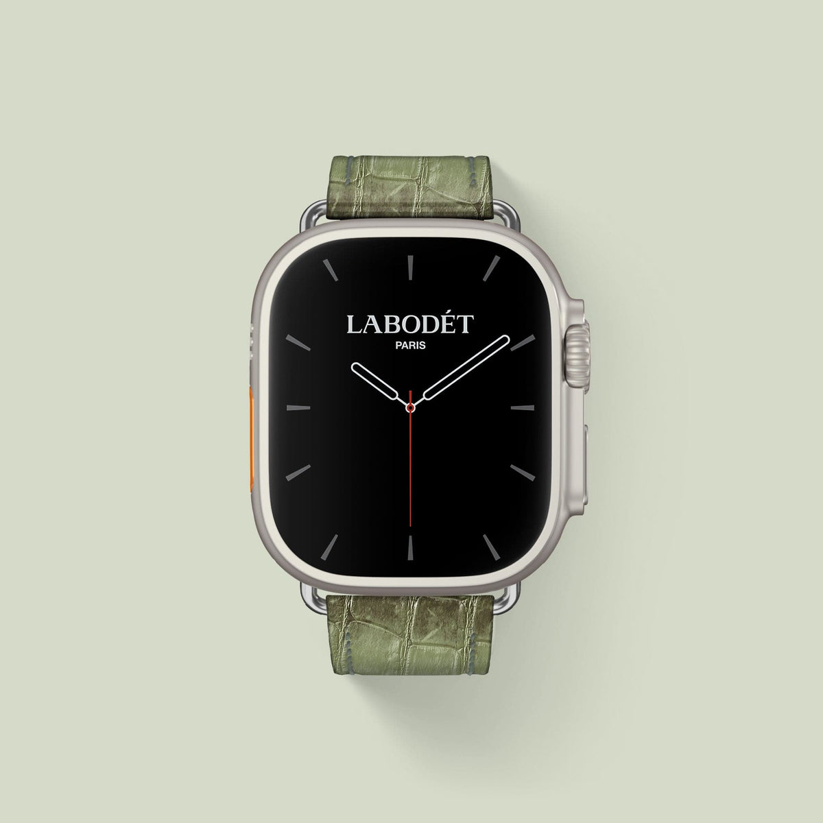 Classic Strap Celadon Green For Apple Watch Ultra 49mm In Himalayan Crocodile with Steel Metal -2 | Celadon-Green-Steel