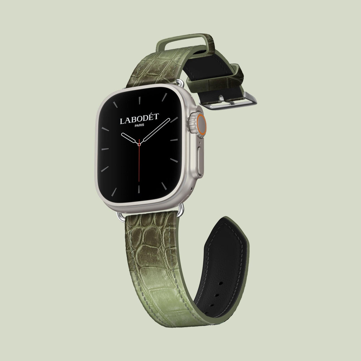 Classic Strap Celadon Green For Apple Watch Ultra 49mm In Himalayan Crocodile with Steel Metal -1 | Celadon-Green-Steel