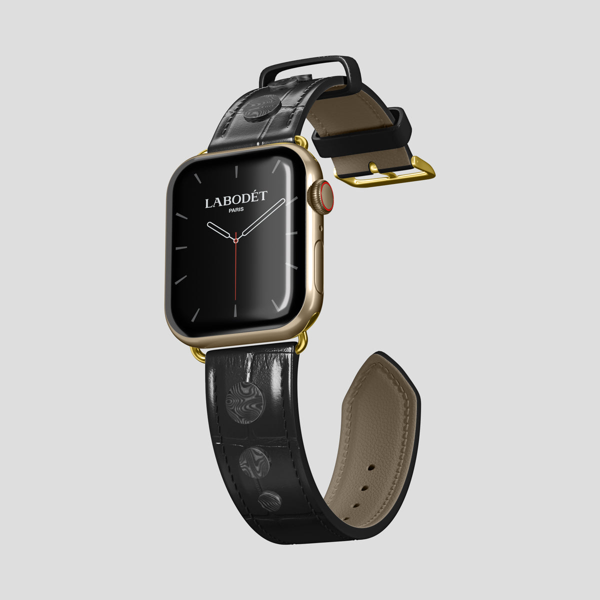 Black Classic Strap For Apple Watch 46mm In Alligator with Gold Metal -1 | Black-Gold