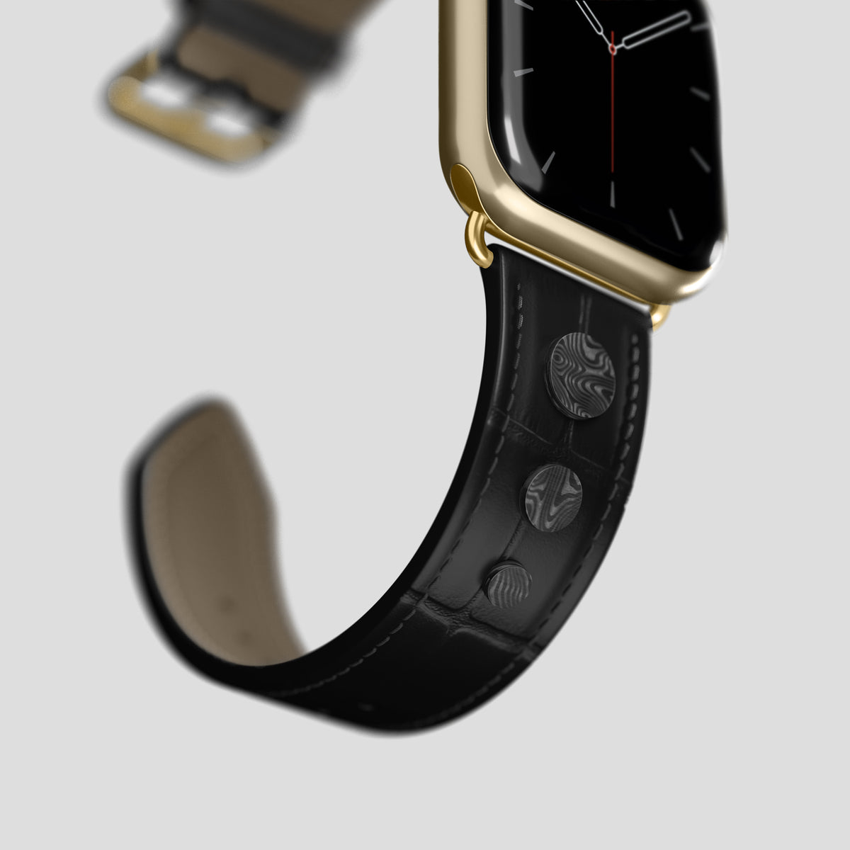 Black Classic Strap For Apple Watch 46mm In Alligator with Gold Metal -4 | Black-Gold