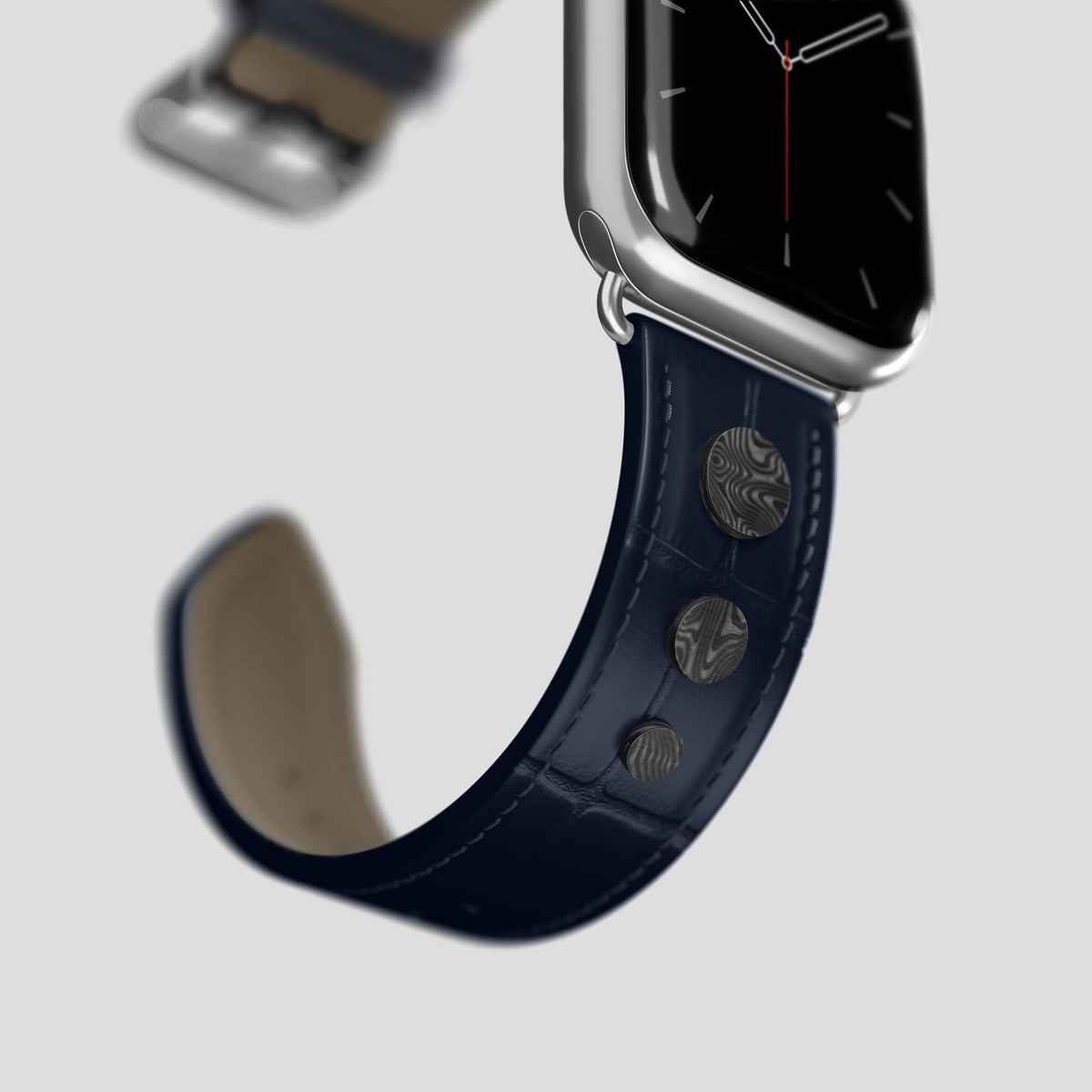 Navy Blue Classic Strap For Apple Watch 46mm In Alligator with Steel Metal -4 | Navy-Blue-Steel