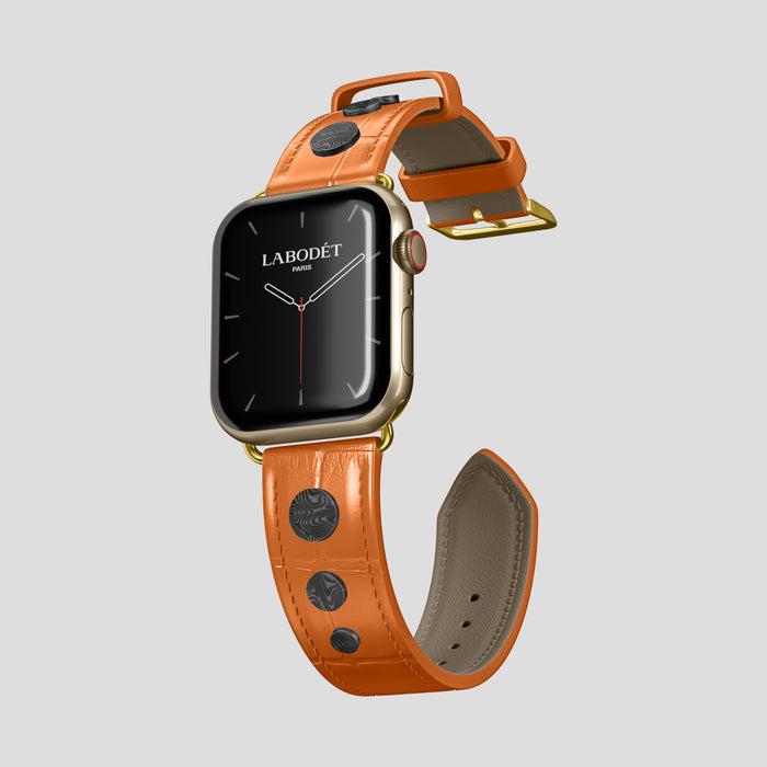 Orange Classic Strap For Apple Watch 46mm In Alligator with Gold Metal -1 | Orange-Gold
