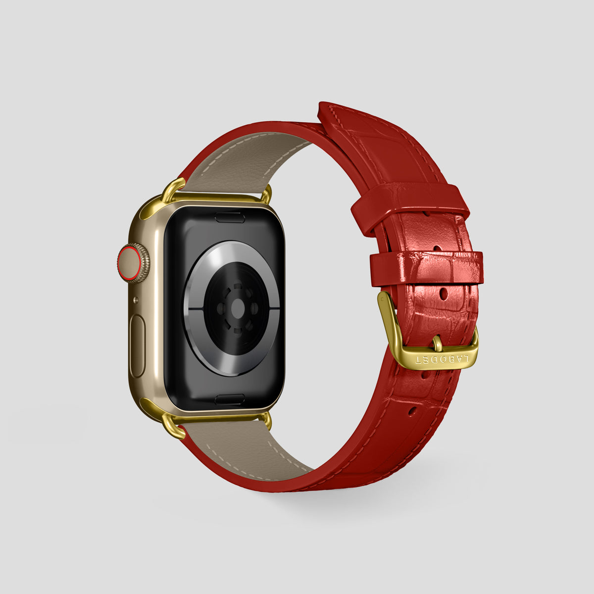 Red Classic Strap For Apple Watch 46mm In Alligator with Gold Metal -3 | Red-Gold