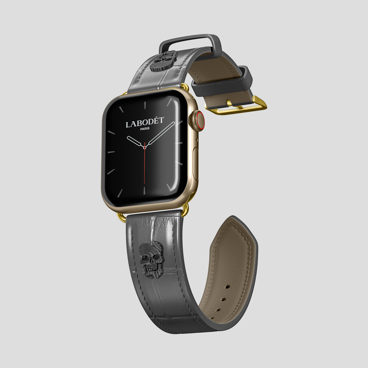 Grey Classic Strap For Apple Watch 46mm In Alligator with Gold Metal -1 | Grey-Gold