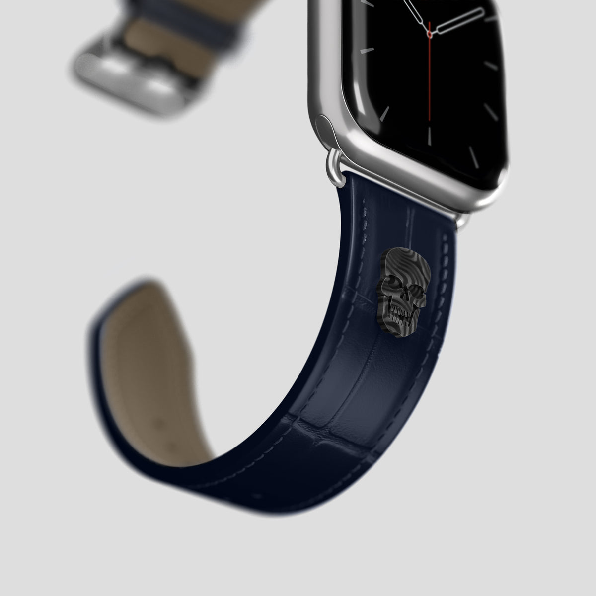 Navy Blue Classic Strap For Apple Watch 46mm In Alligator with Steel Metal -4 | Navy-Blue-Steel