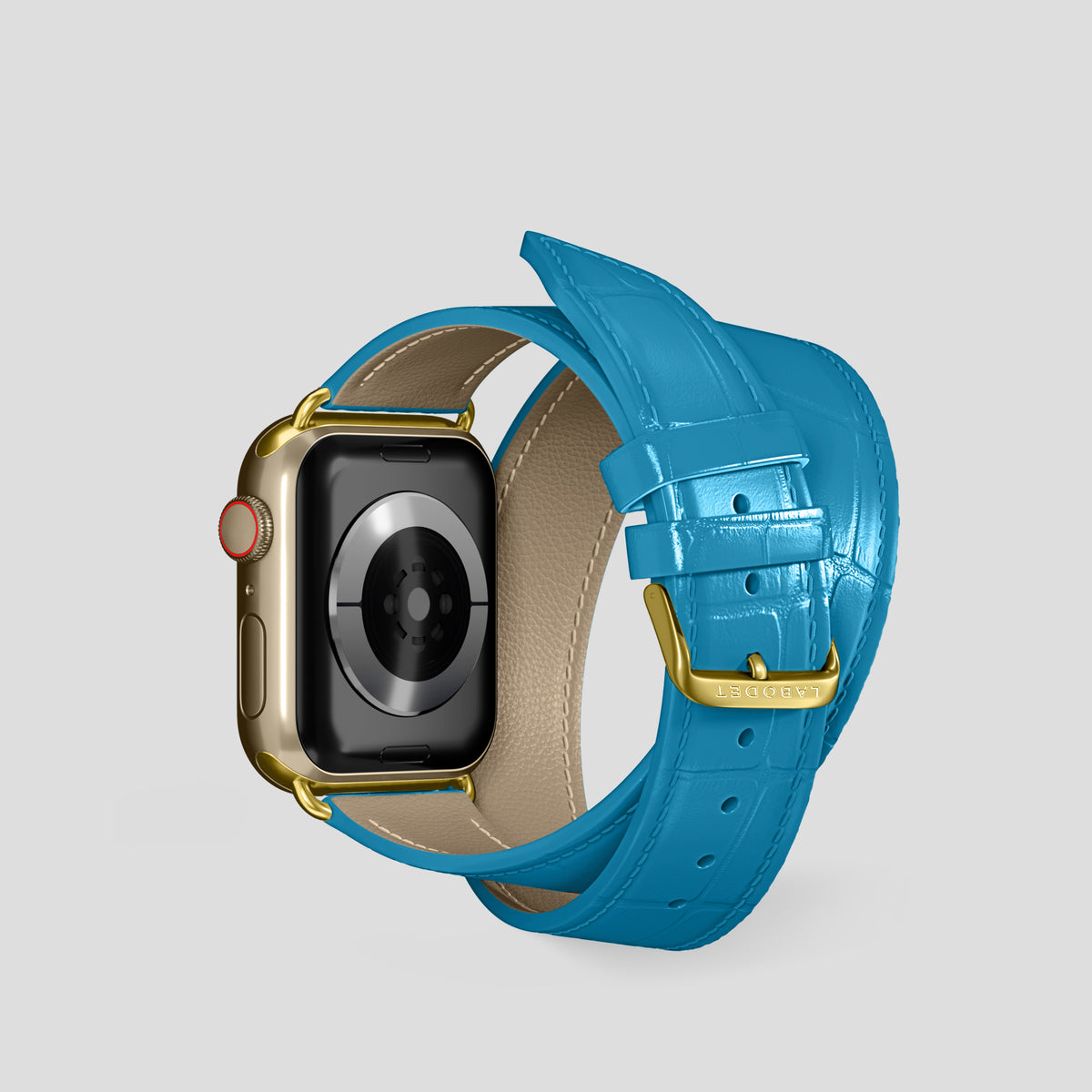 Curaçao-Blue Double Strap For Apple Watch 42mm In Alligator with Gold Metal -2 | Curaçao-Blue-Gold