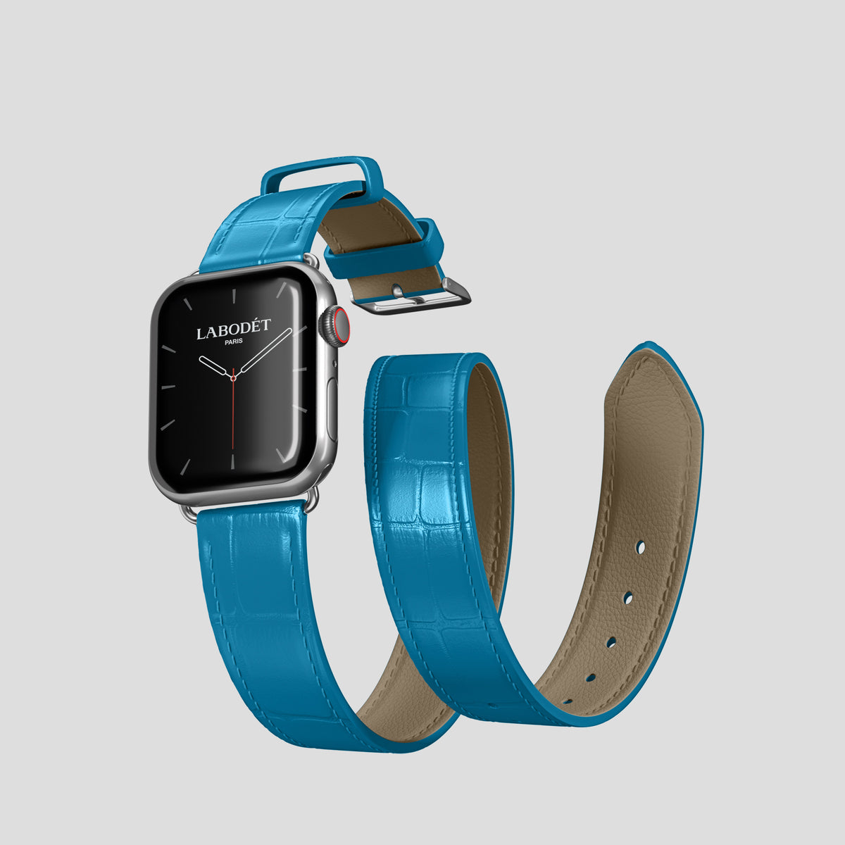 Curaçao-Blue Double Strap For Apple Watch 42mm In Alligator with Steel Metal -3 | Curaçao-Blue-Steel
