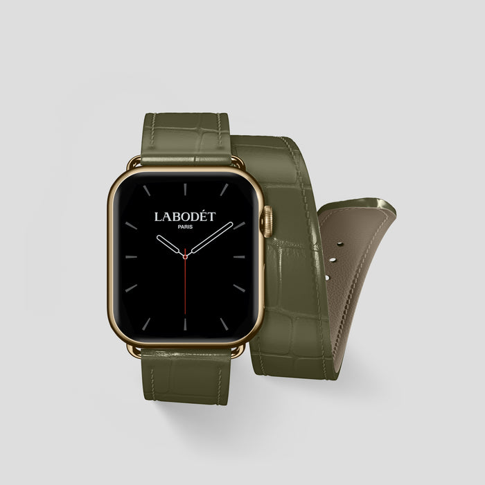 Kaki-Green Double Strap For Apple Watch 42mm In Alligator with Gold Metal -1 | Kaki-Green-Gold