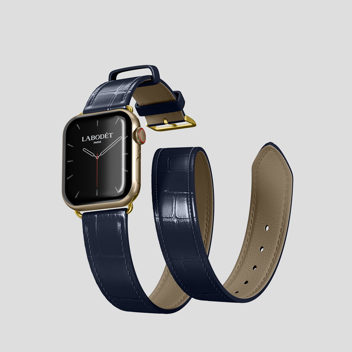 Navy Blue Double Strap For Apple Watch 42mm In Alligator with Gold Metal -3 | Navy-Blue-Gold