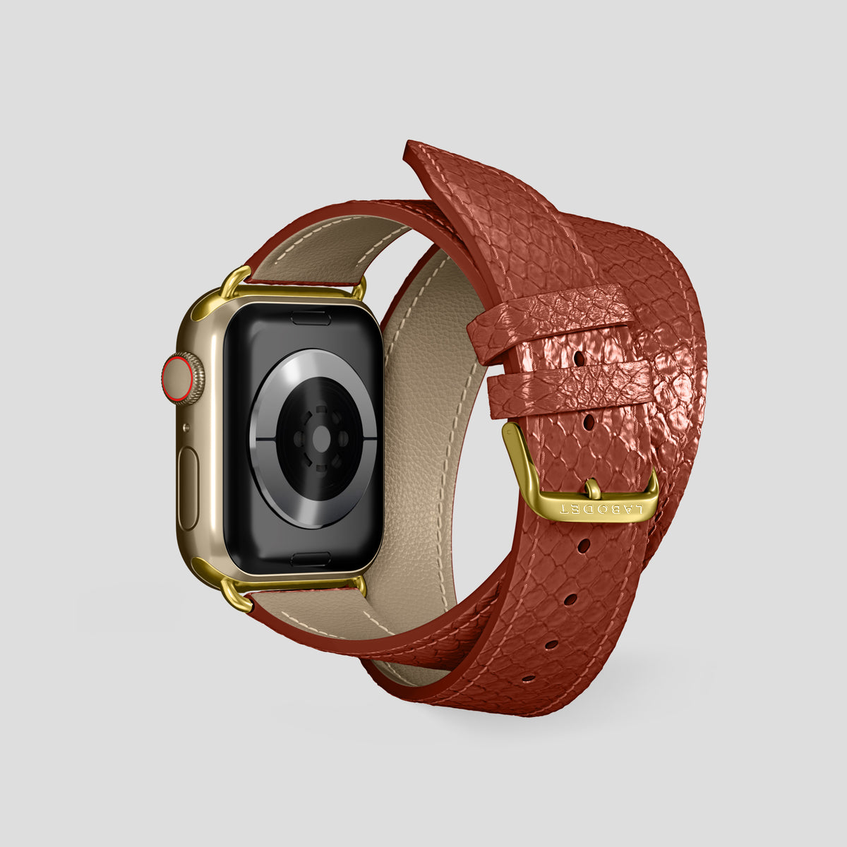 Medium-Brown Apple Watch 42mm Double Strap In Python with Gold Metal -2 | Medium-Brown-Gold