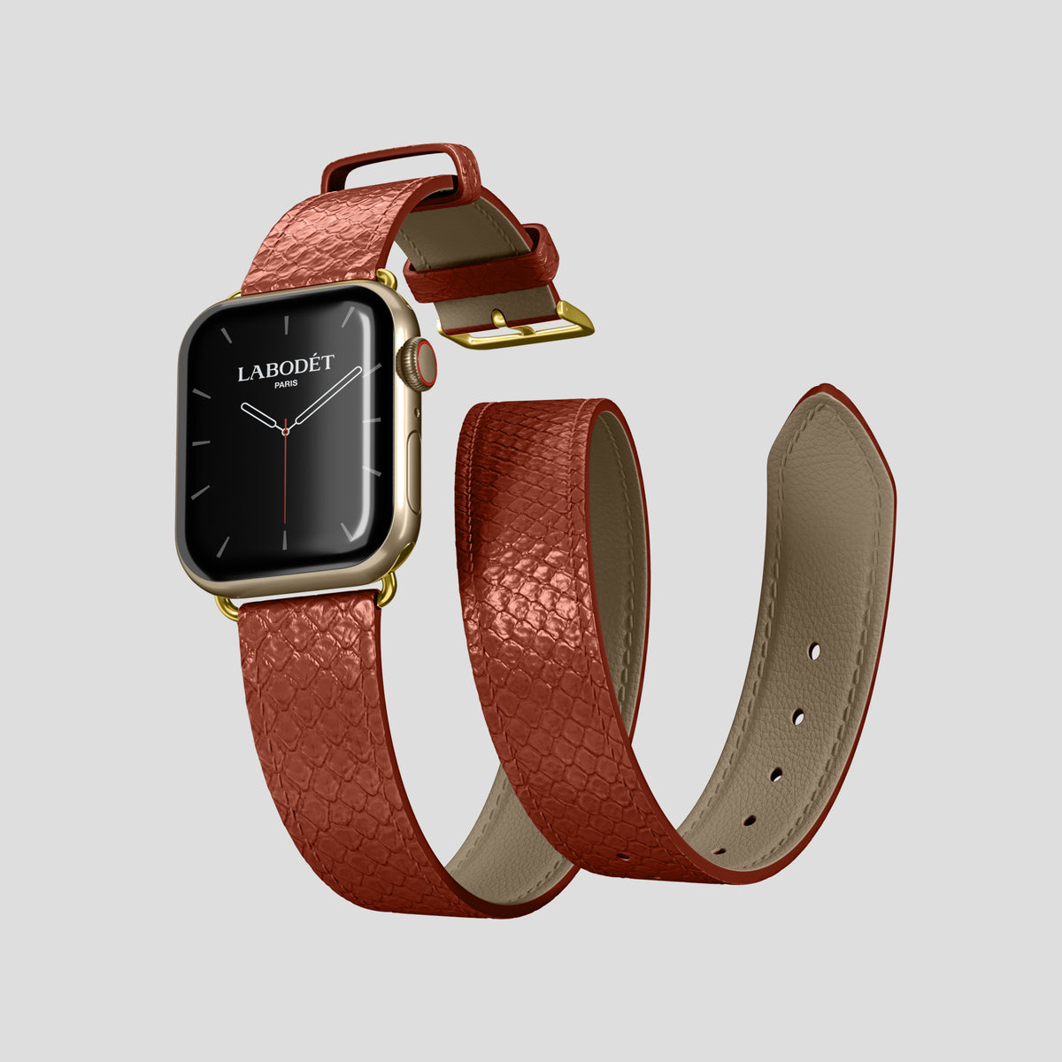 Medium-Brown Apple Watch 42mm Double Strap In Python with Gold Metal -3 | Medium-Brown-Gold