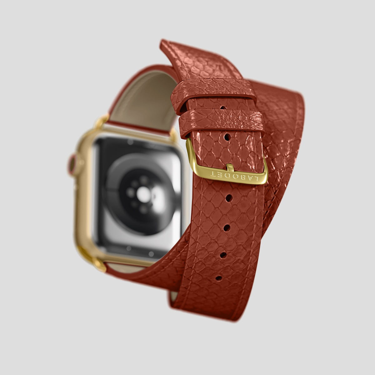 Medium-Brown Apple Watch 42mm Double Strap In Python with Gold Metal -5 | Medium-Brown-Gold