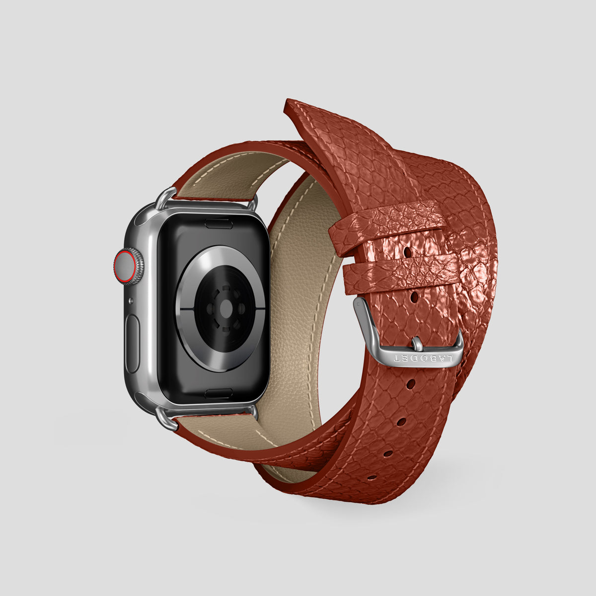Medium-Brown Apple Watch 42mm Double Strap In Python with Steel Metal -2 | Medium-Brown-Steel
