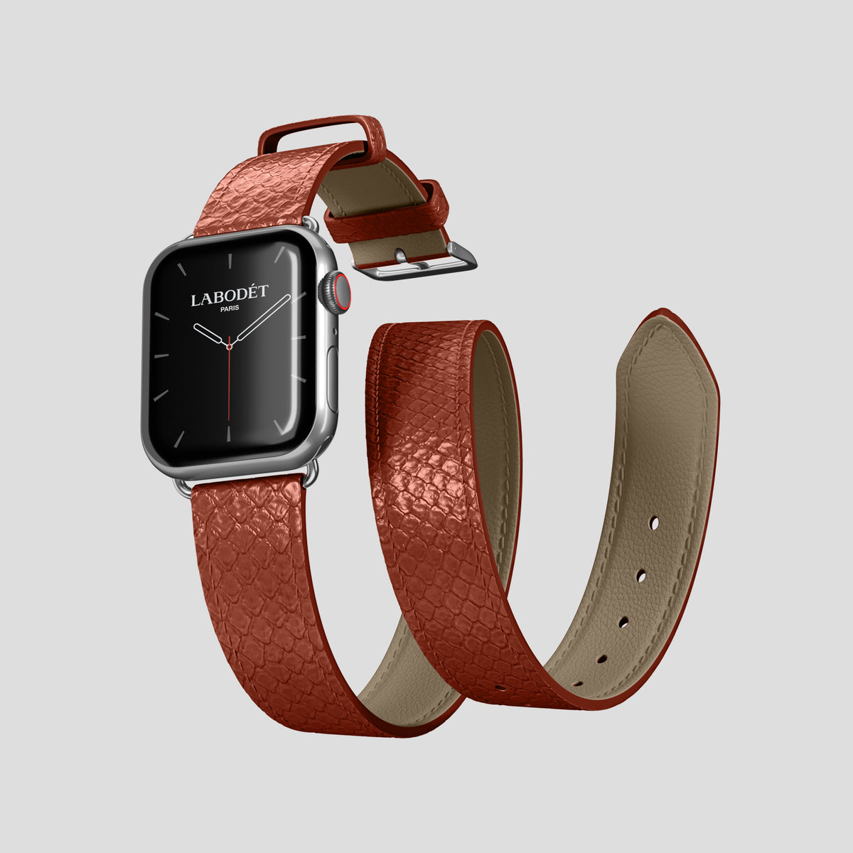 Medium-Brown Apple Watch 42mm Double Strap In Python with Steel Metal -3 | Medium-Brown-Steel