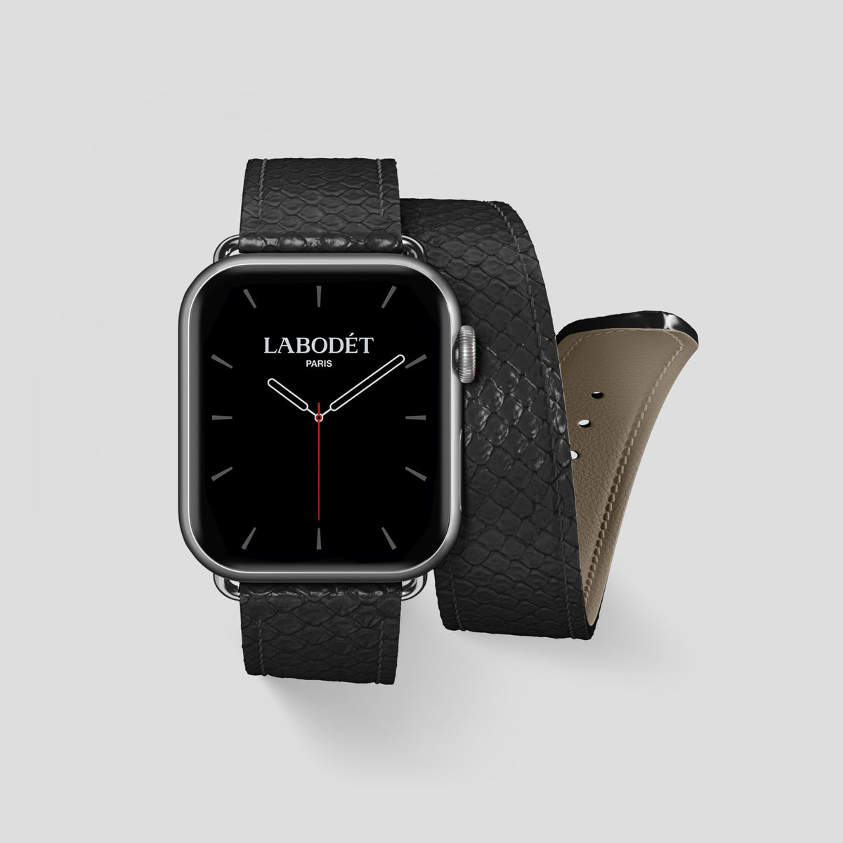 Black Apple Watch 42mm Double Strap In Python with Steel Metal -1 | Black-Steel