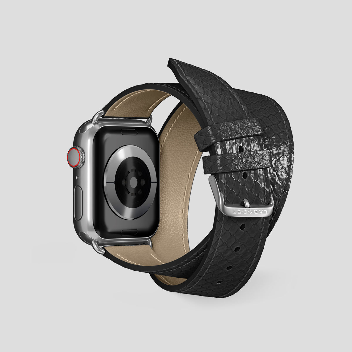 Black Apple Watch 42mm Double Strap In Python with Steel Metal -2 | Black-Steel