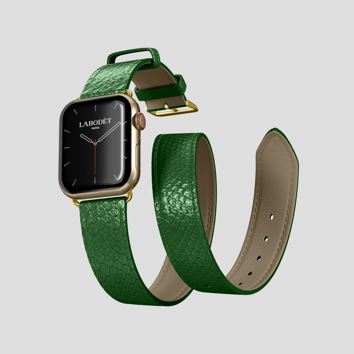 Green Apple Watch 42mm Double Strap In Python with Gold Metal -3 | Green-Gold