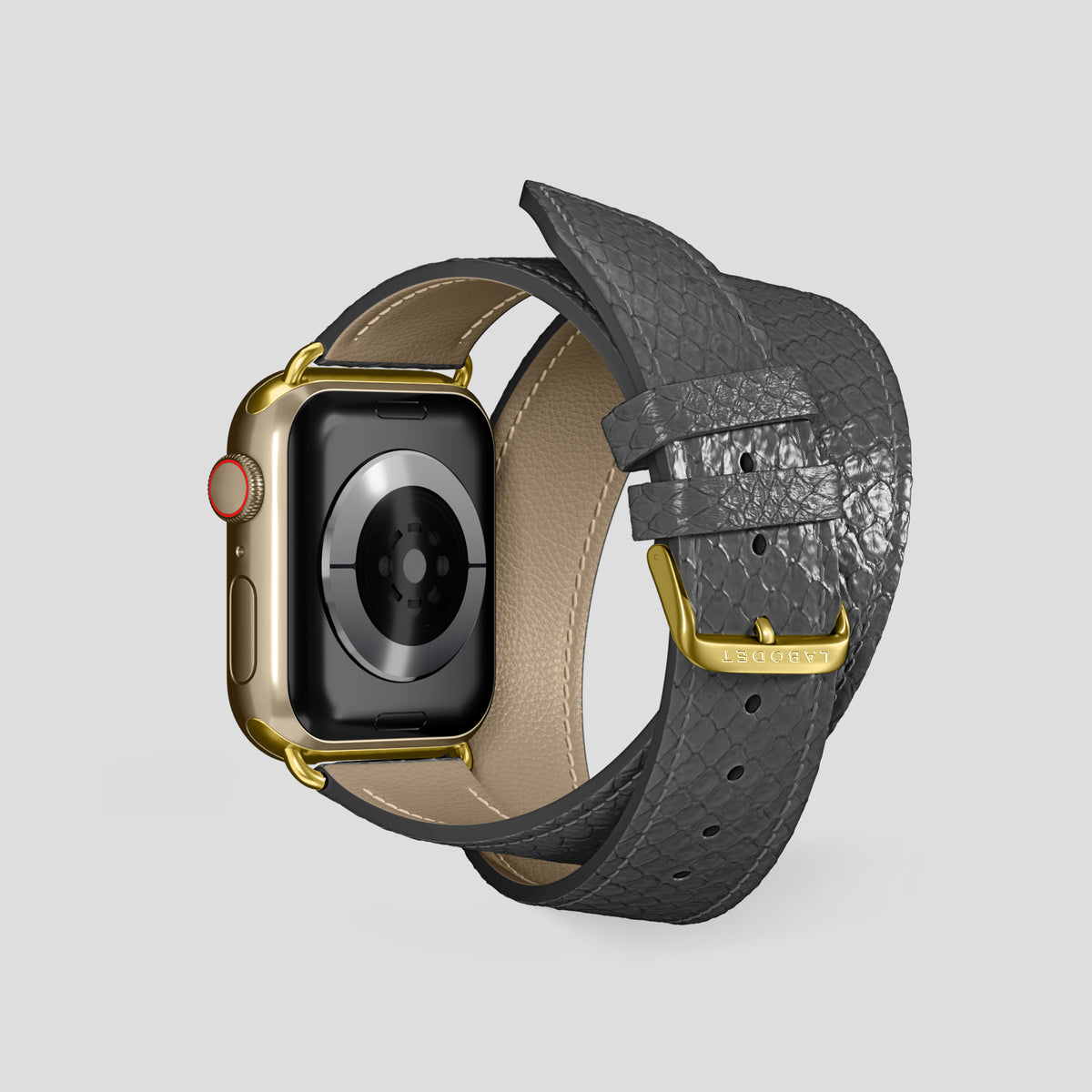 Grey Apple Watch 42mm Double Strap In Python with Gold Metal -2 | Grey-Gold