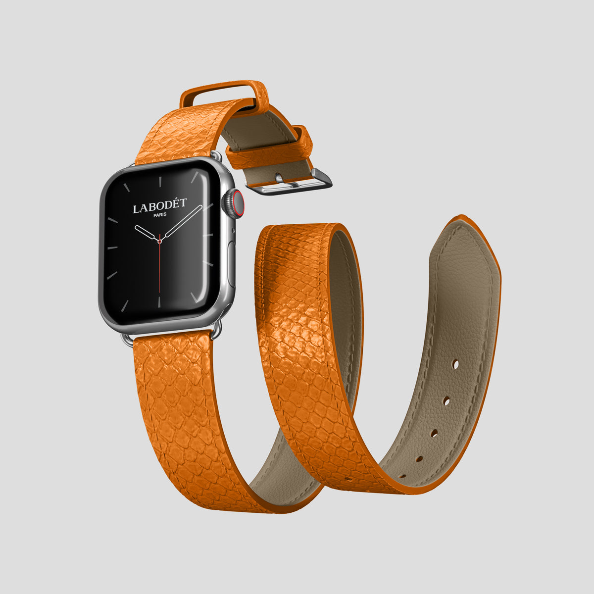 Orange Apple Watch 42mm Double Strap In Python with Steel Metal -3 | Orange-Steel
