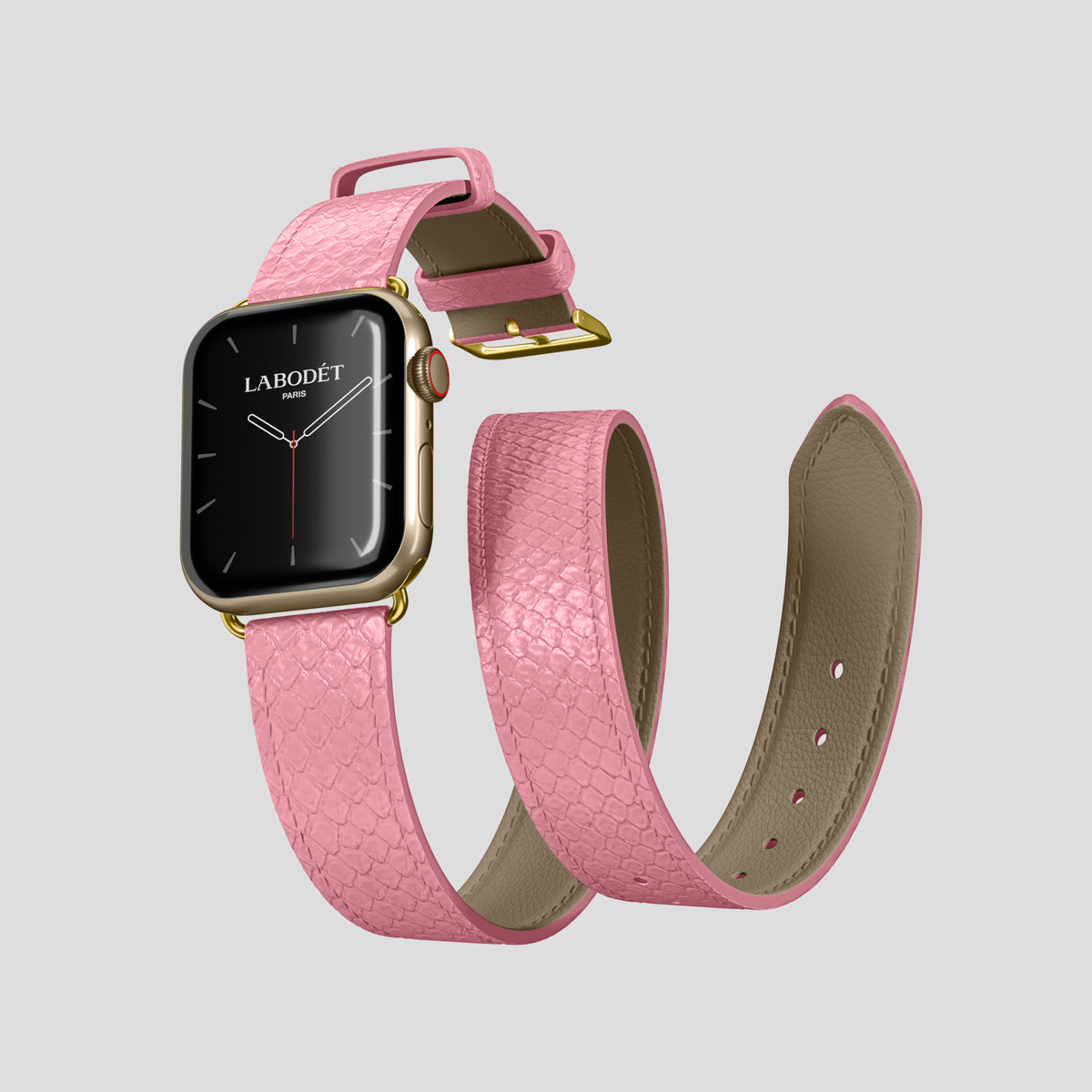Pink Apple Watch 42mm Double Strap In Python with Gold Metal -3 | Pink-Gold