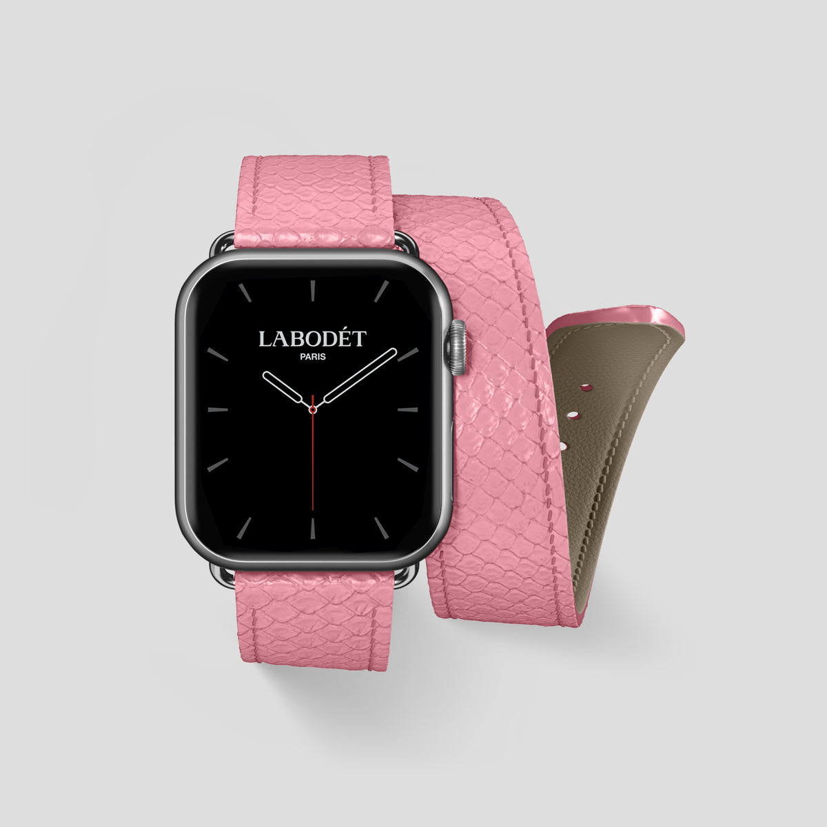 Pink Apple Watch 42mm Double Strap In Python with Steel Metal -1 | Pink-Steel