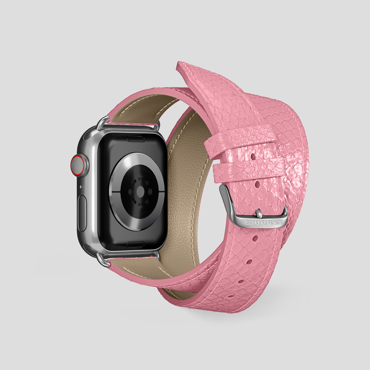 Pink Apple Watch 42mm Double Strap In Python with Steel Metal -2 | Pink-Steel