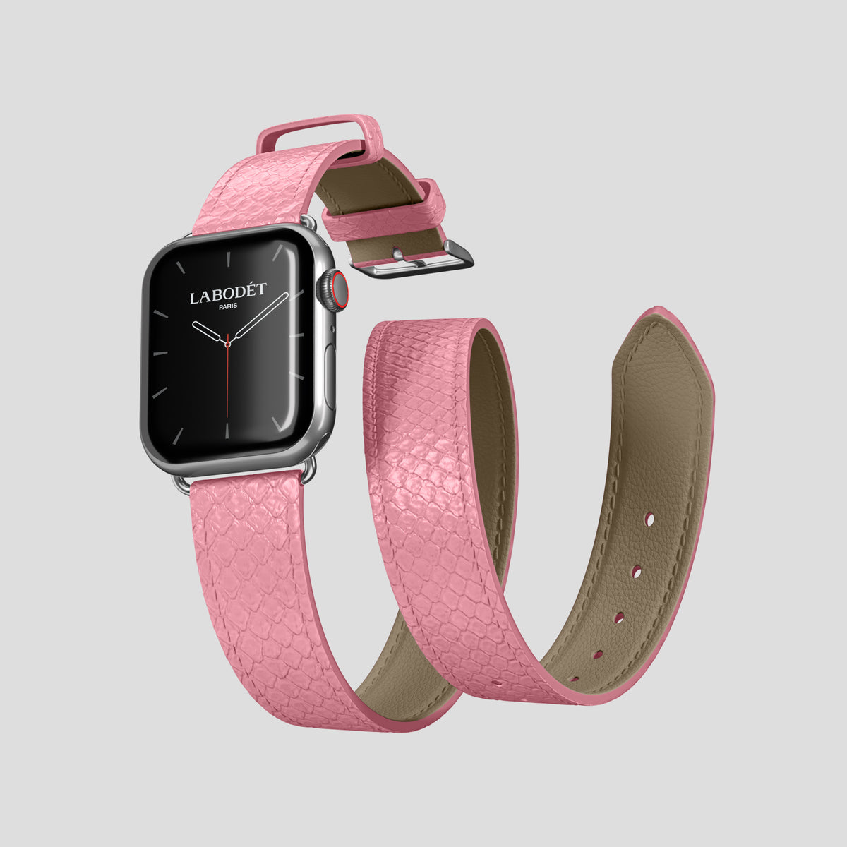 Pink Apple Watch 42mm Double Strap In Python with Steel Metal -3 | Pink-Steel