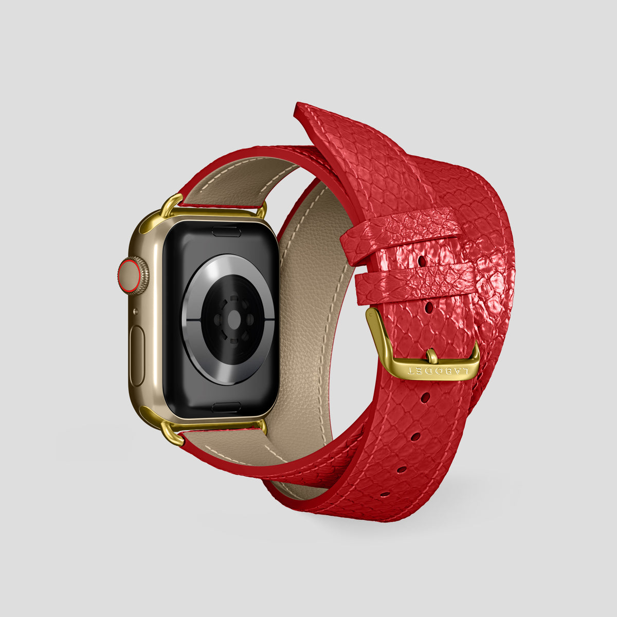Red Apple Watch 42mm Double Strap In Python with Gold Metal -2 | Red-Gold