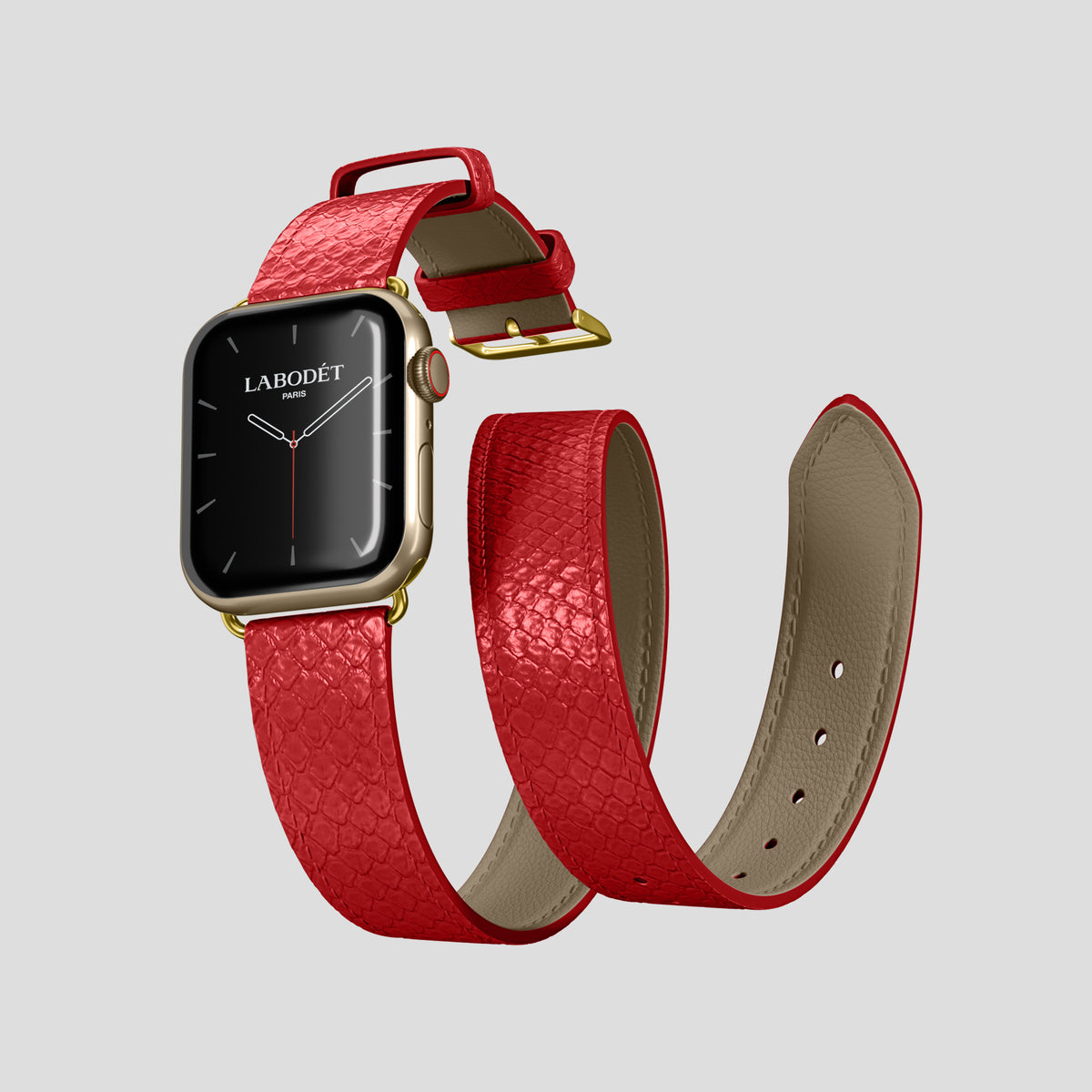 Red Apple Watch 42mm Double Strap In Python with Gold Metal -3 | Red-Gold