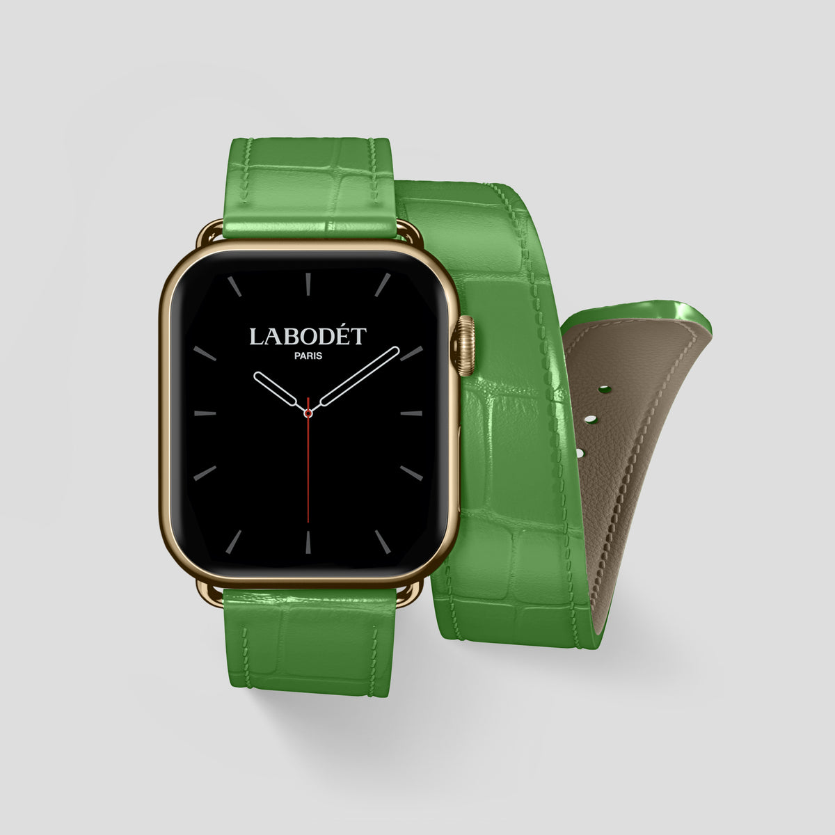 Apple-Green Double Strap For Apple Watch 46mm In Alligator with Gold Metal -1 | Apple-Green-Gold