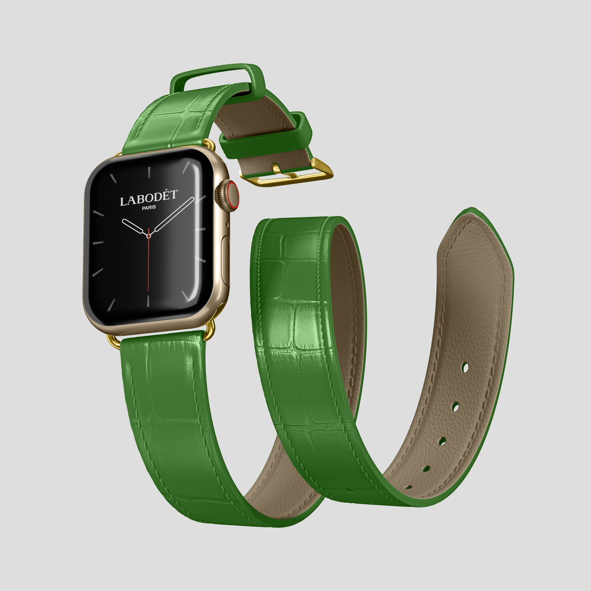 Apple-Green Double Strap For Apple Watch 46mm In Alligator with Gold Metal -3 | Apple-Green-Gold