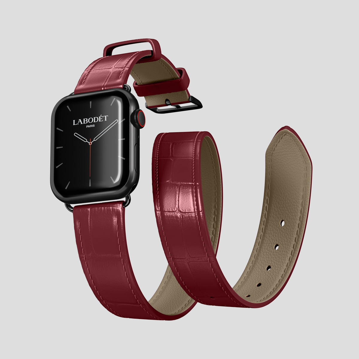 Burgundy Double Strap For Apple Watch 46mm In Alligator with Black Metal -3 | Burgundy-Black