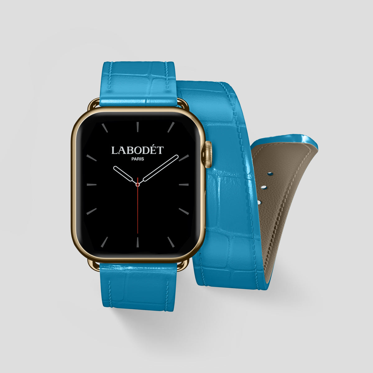 Curaçao-Blue Double Strap For Apple Watch 46mm In Alligator with Gold Metal -1 | Curaçao-Blue-Gold