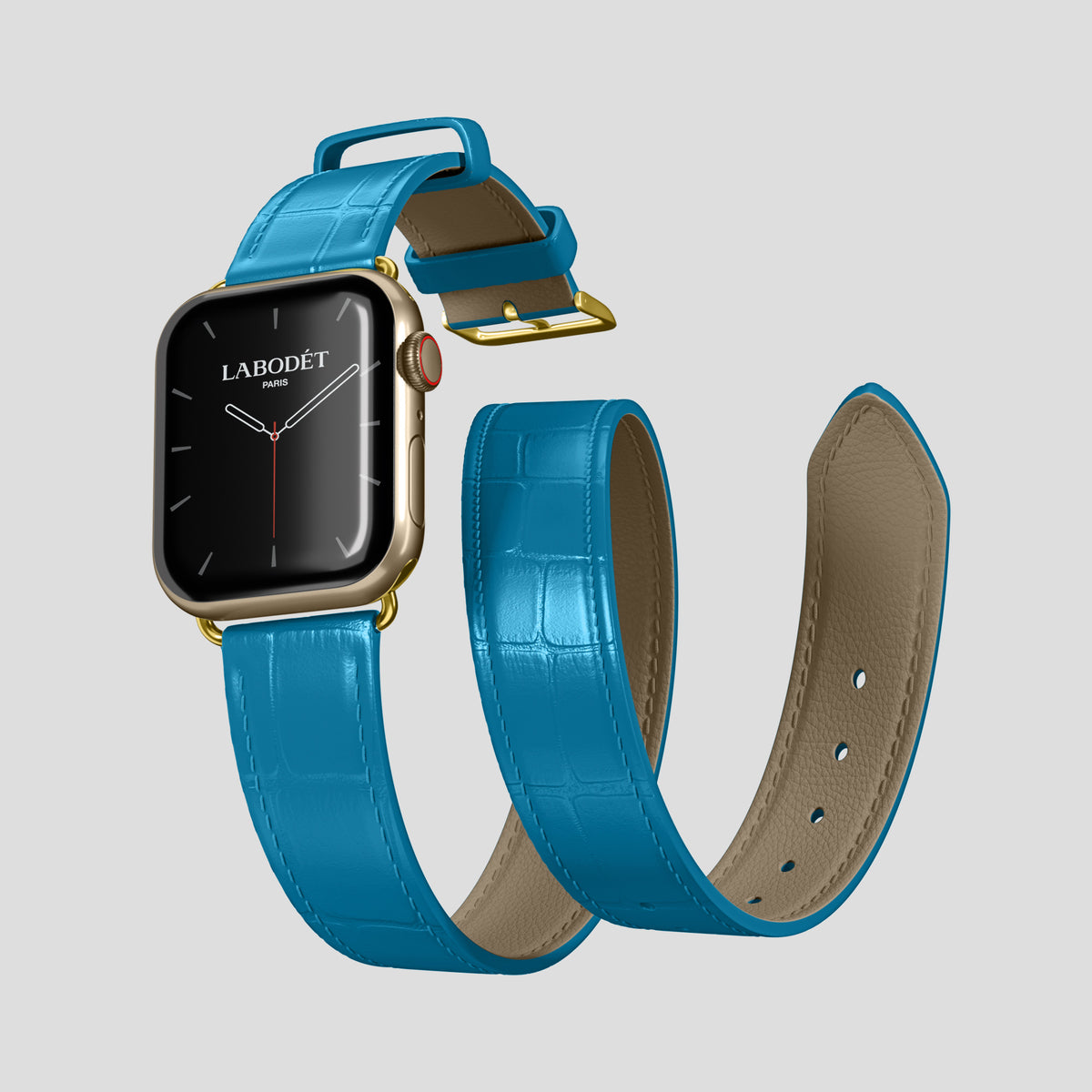 Curaçao-Blue Double Strap For Apple Watch 46mm In Alligator with Gold Metal -3 | Curaçao-Blue-Gold