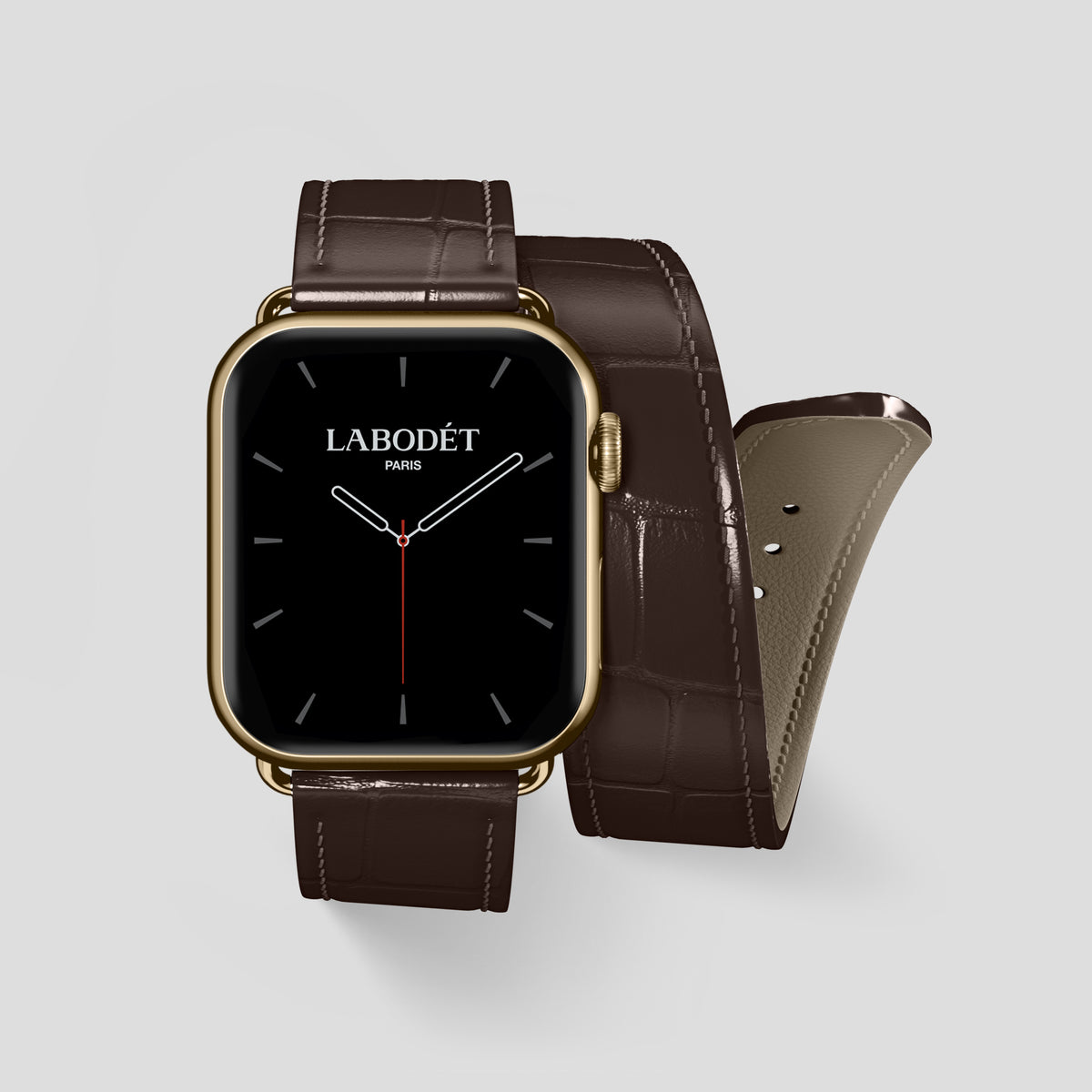 Dark-Brown Double Strap For Apple Watch 46mm In Alligator with Gold Metal -1 | Dark-Brown-Gold