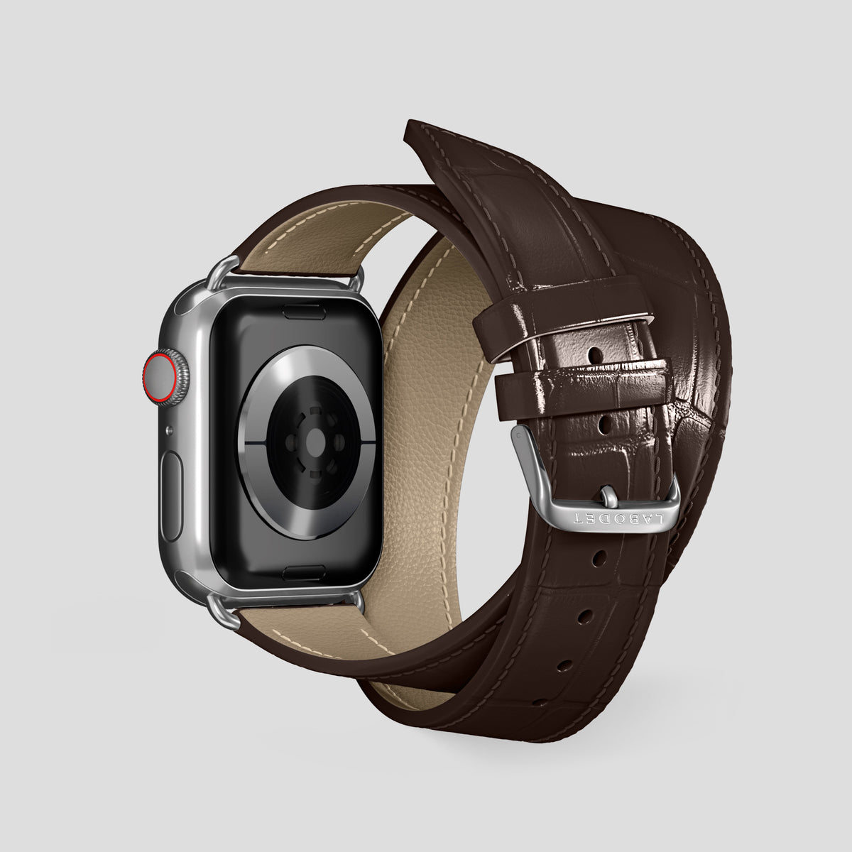 Dark-Brown Double Strap For Apple Watch 46mm In Alligator with Steel Metal -2 | Dark-Brown-Steel