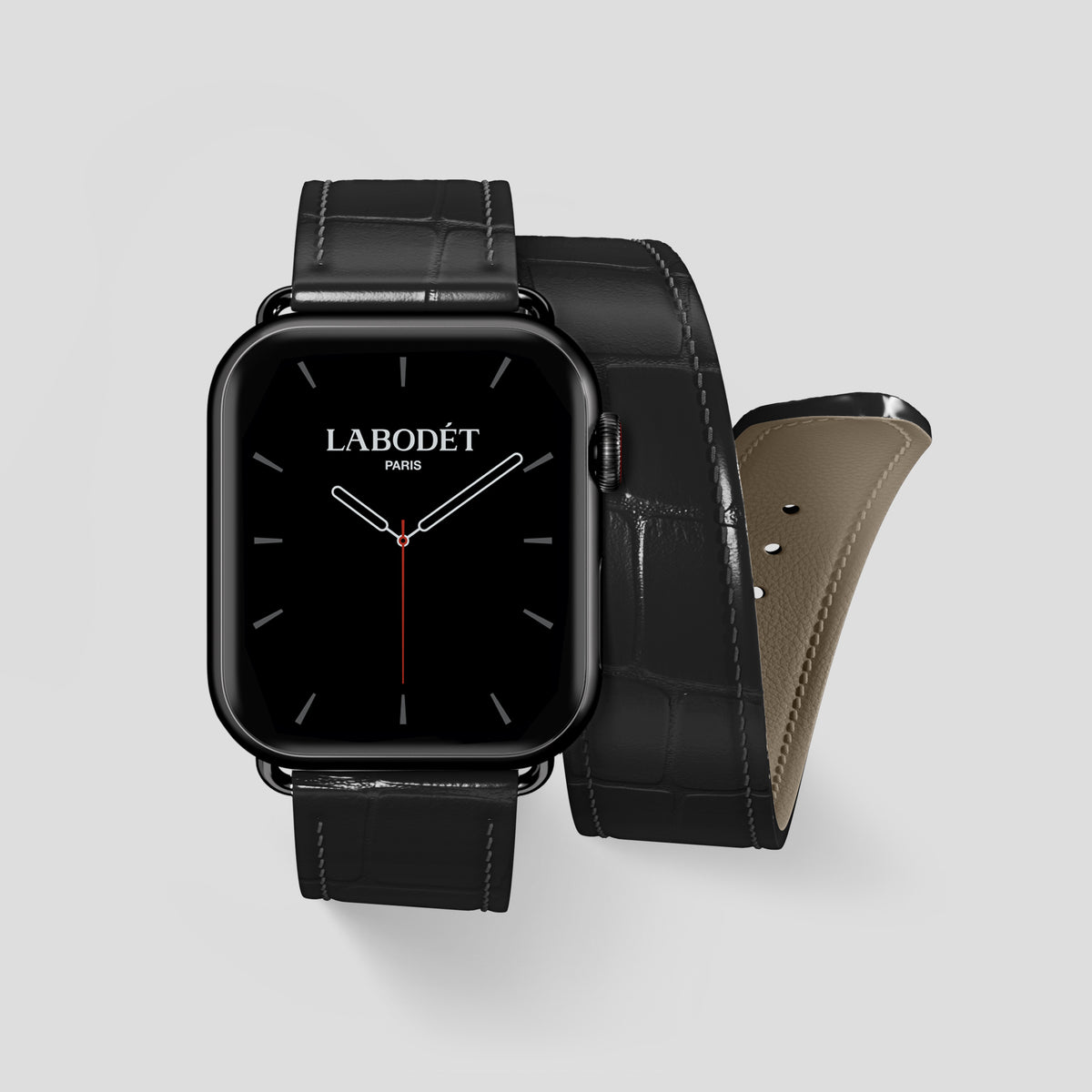 Black Double Strap For Apple Watch 46mm In Alligator with Black Metal -1 | Black-Black