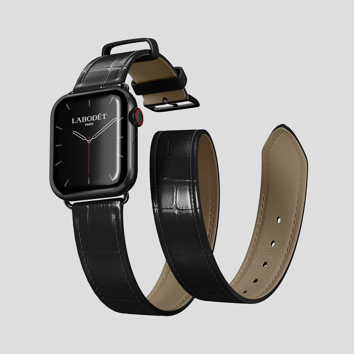 Black Double Strap For Apple Watch 46mm In Alligator with Black Metal -3 | Black-Black