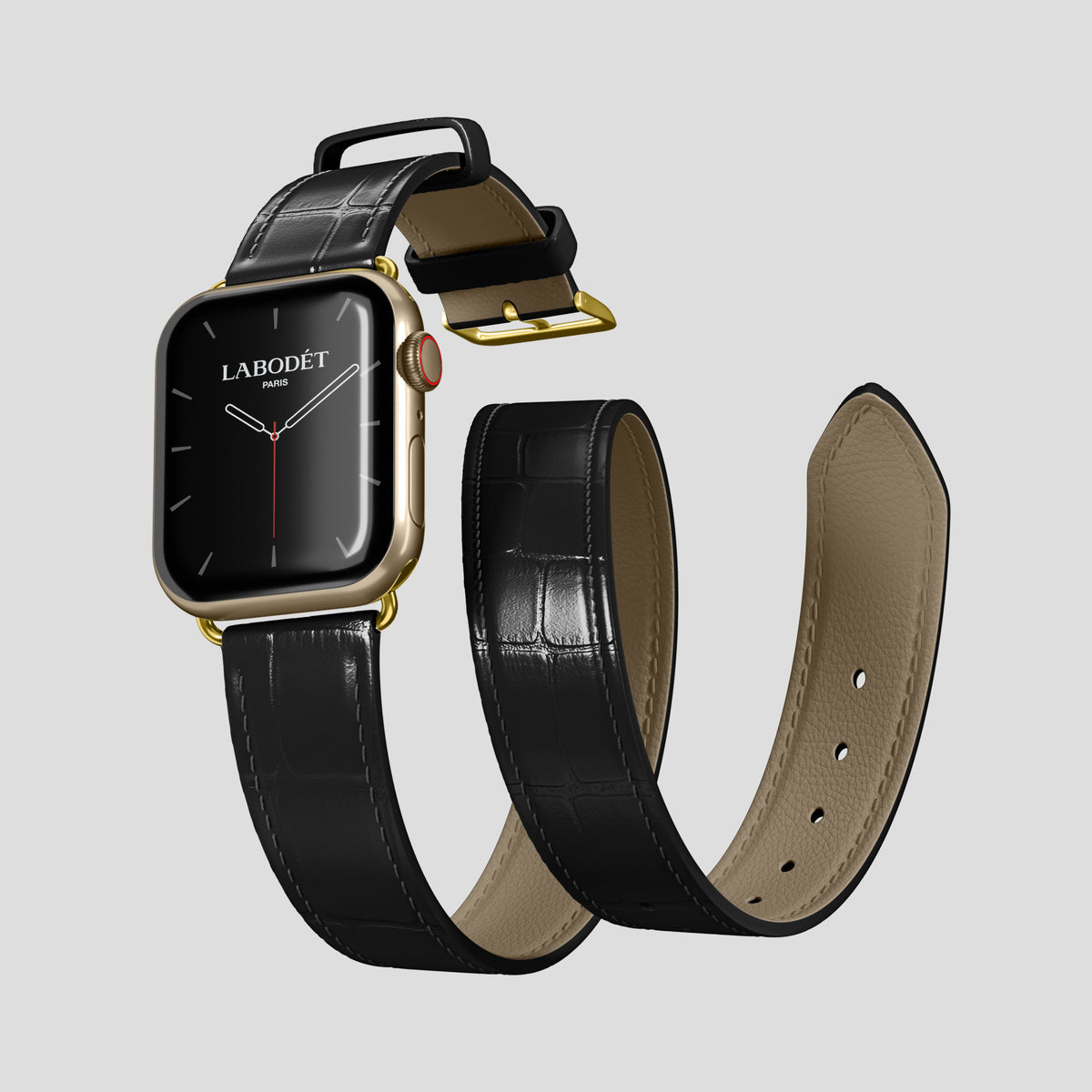 Black Double Strap For Apple Watch 46mm In Alligator with Gold Metal -3 | Black-Gold