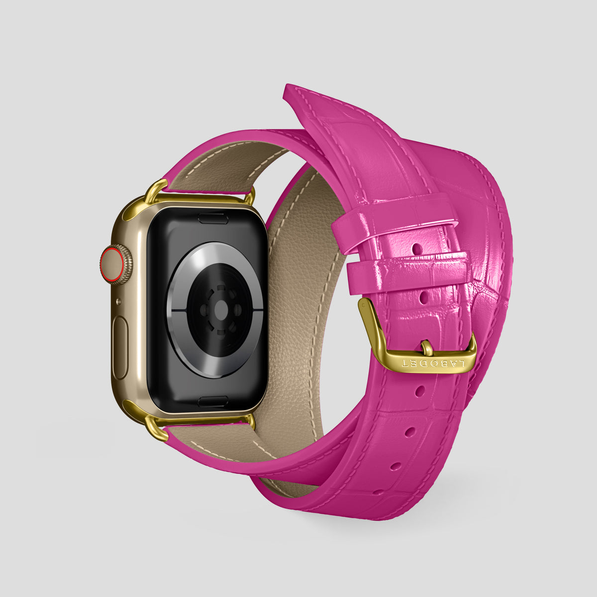 Fuchsia Double Strap For Apple Watch 46mm In Alligator with Gold Metal -2 | Fuchsia-Gold
