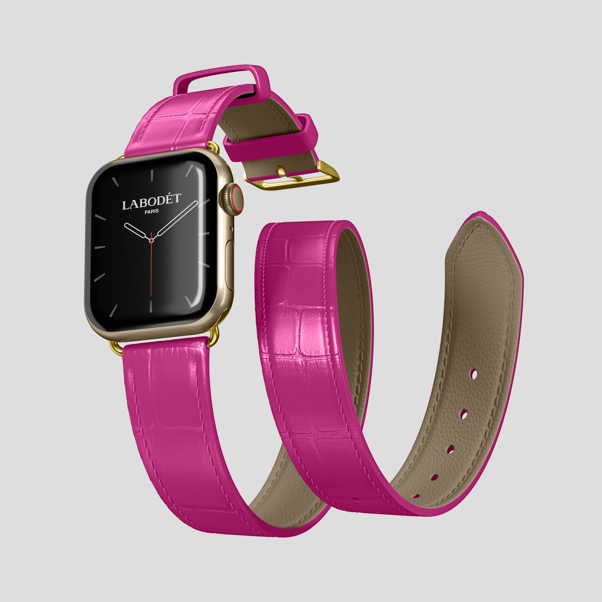 Fuchsia Double Strap For Apple Watch 46mm In Alligator with Gold Metal -3 | Fuchsia-Gold