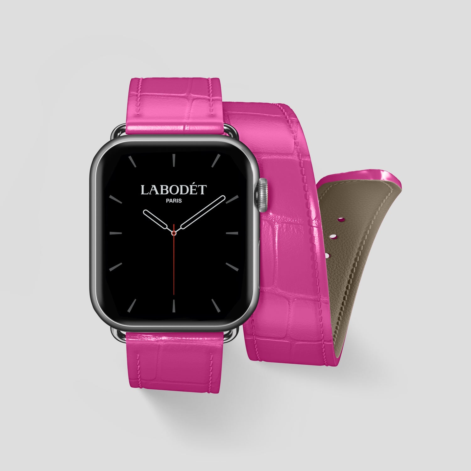Fuchsia Double Strap For Apple Watch 46mm In Alligator with Steel Metal -1 | Fuchsia-Steel