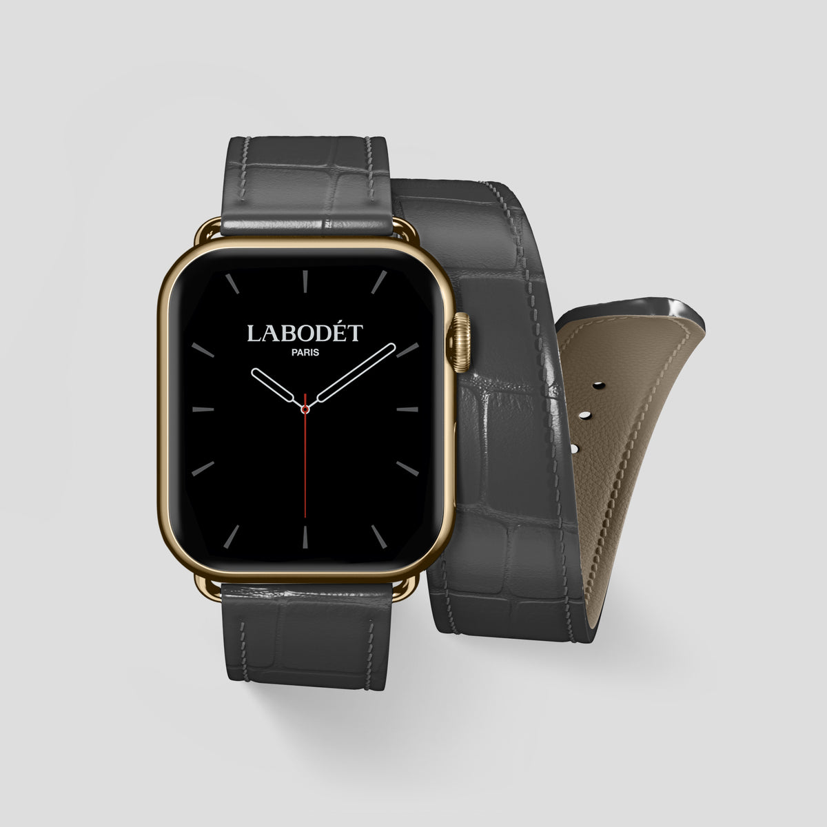 Grey Double Strap For Apple Watch 46mm In Alligator with Gold Metal -1 | Grey-Gold