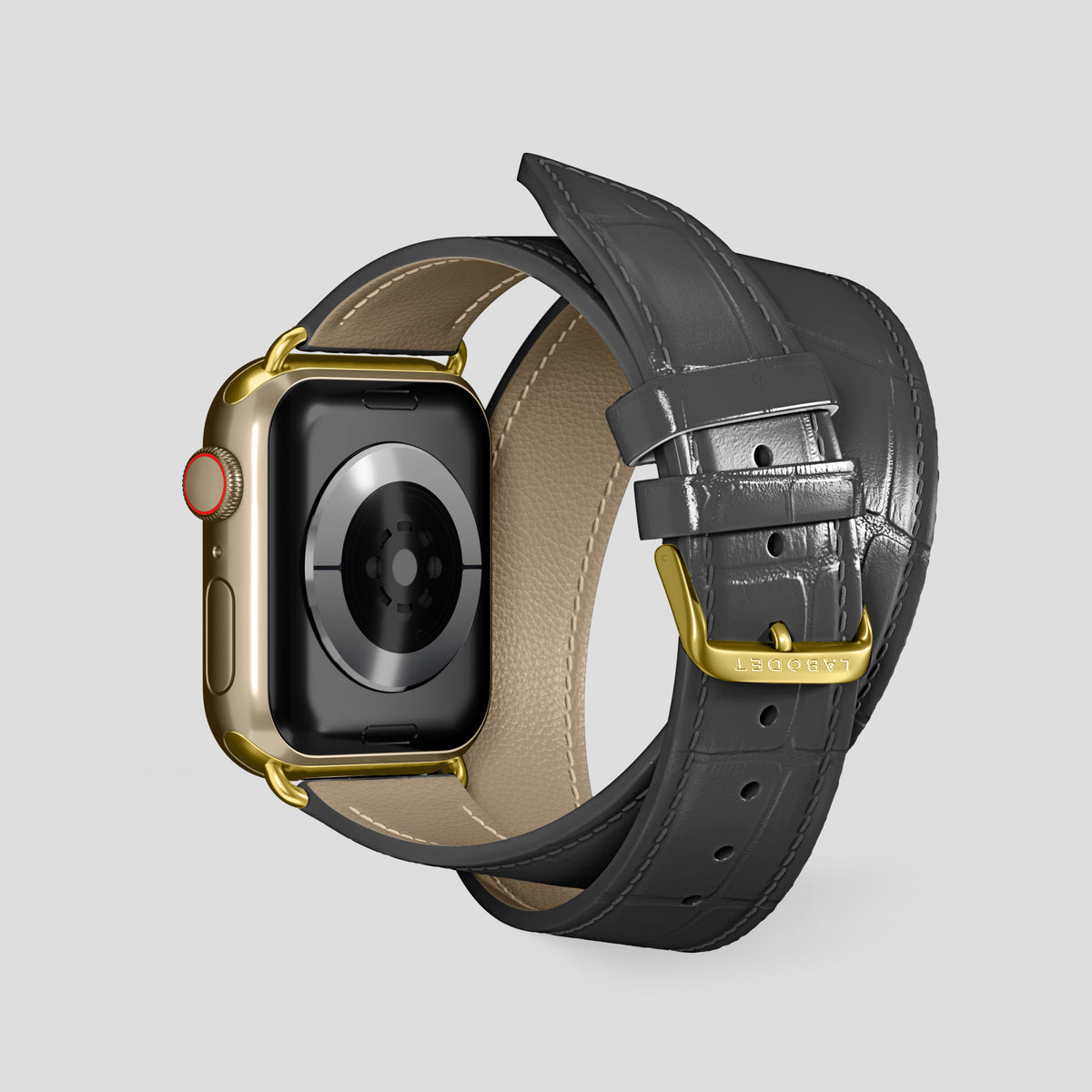Grey Double Strap For Apple Watch 46mm In Alligator with Gold Metal -2 | Grey-Gold