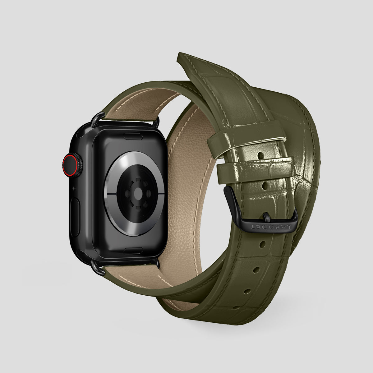 Kaki-Green Double Strap For Apple Watch 46mm In Alligator with Black Metal -2 | Kaki-Green-Black