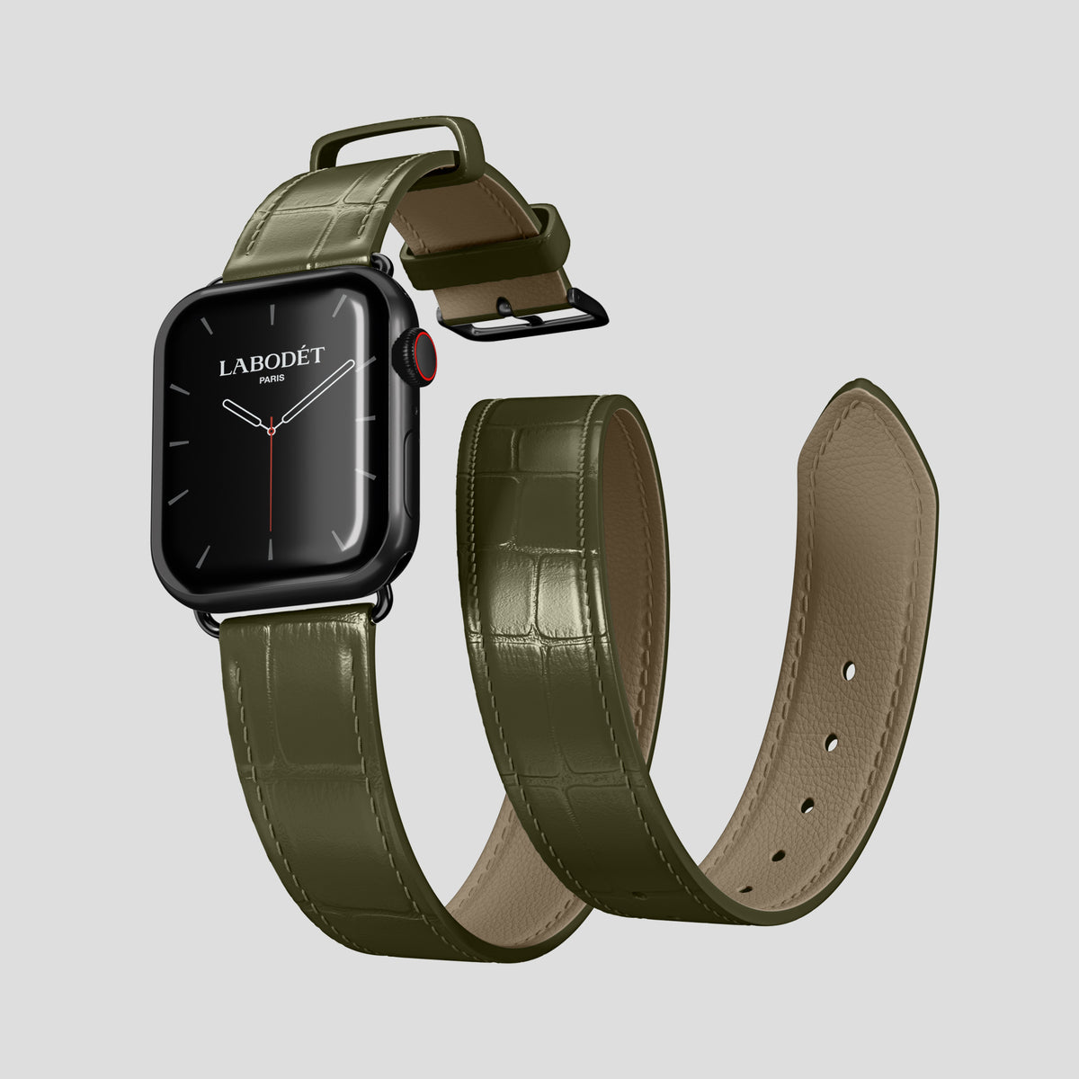 Kaki-Green Double Strap For Apple Watch 46mm In Alligator with Black Metal -3 | Kaki-Green-Black