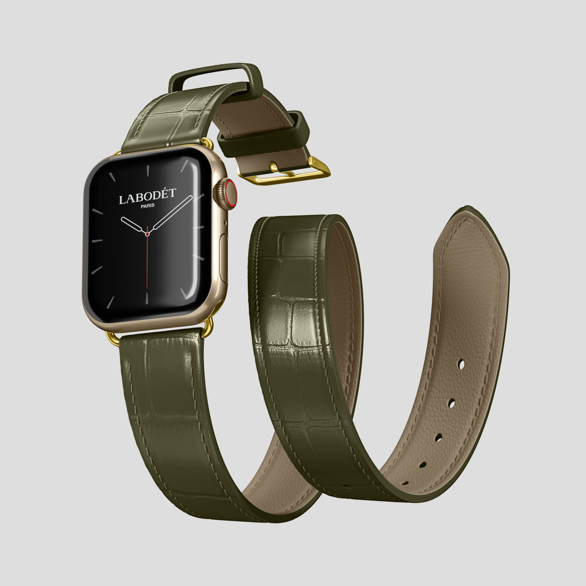 Kaki-Green Double Strap For Apple Watch 46mm In Alligator with Gold Metal -3 | Kaki-Green-Gold