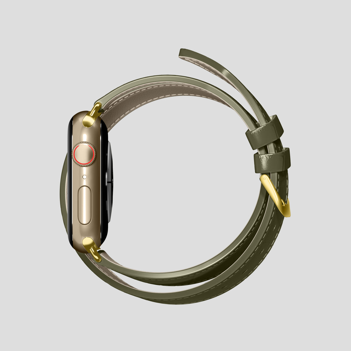 Kaki-Green Double Strap For Apple Watch 46mm In Alligator with Gold Metal -4 | Kaki-Green-Gold